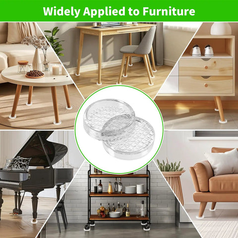 Straight Up Floor Savers Round Rubber Furniture Caster Cups 12 Piece Set Clear Non Slip Chair Coasters under various furniture legs.