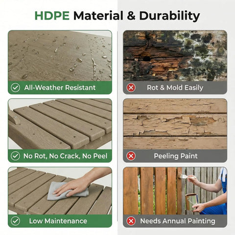 Comparison of HDPE material durability, showing resistance to weather, rot, cracking, and maintenance benefits.