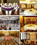 Various dining setups featuring rotating glass Lazy Susan turntable for 24 to 47 inch tables, ideal for home and restaurant use.