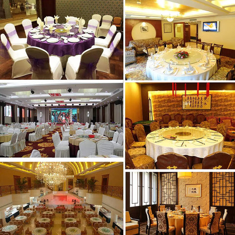 Various dining setups featuring rotating glass Lazy Susan turntable for 24 to 47 inch tables, ideal for home and restaurant use.