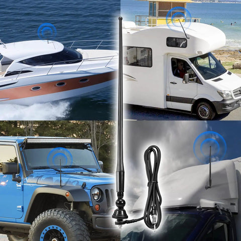 16 Inch Rubber Duck Flexible Mast Boat Radio Antenna For FM AM Stereo on boat, RV, Jeep, close-up view, DIN Plug