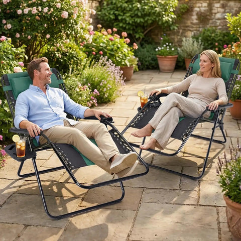 Oversized Padded Zero Gravity Chair With Cup Holder Foldable Patio Lounge Recliner For Yard Camping And Outdoor Use Black And Green Built For Durability And Comfort With Easy Fold And Carry in patio setting