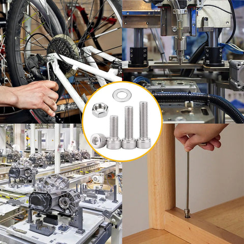 Heavy Duty M2.5 Screws Nuts And Washers Set In Stainless Steel With Fully Threaded Hex Socket Head Cap Bolts And Matching Nuts 750 Piece Hardware Assortment For Durable Smooth Easy Assembly shown in various assembly applications including machinery and furniture.