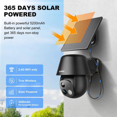 Wireless Outdoor Security Camera System with 2K Pan Tilt 360 View, solar panel, 365-day power, and 5200mAh battery.