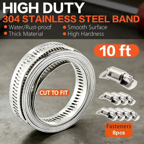 Hose clamp kit: 304 stainless steel, cut-to-fit 10 ft strap, 8 fasteners, organizer box (front view)