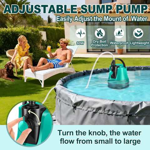 Submersible Pool Sump Pump With Adjustable Flow 950GPH Capacity in an outdoor pool with people relaxing nearby