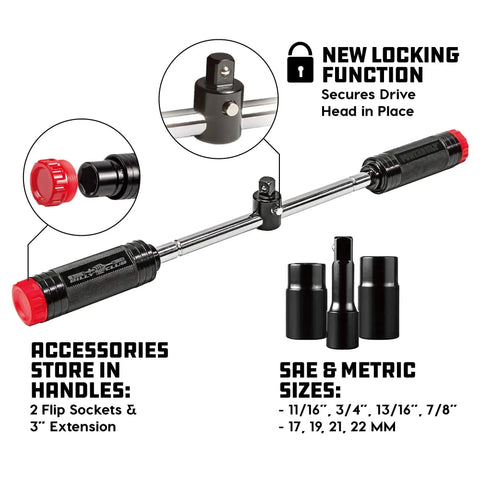 Billy Club Universal Lug Wrench with 2 flip sockets and locking function for cars, trucks, and SUVs tire changes.