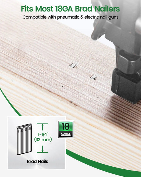 Close-up of Heavy Duty 1-1/4 Inch 18 Gauge Brad Nails, Galvanized Nail Gun Nails for Pneumatic and Electric Brad Nailer in use.