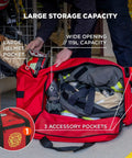Open Arsenal 5005P Heavy Duty 1000D Polyester Firefighter Rescue Gear Bag showing helmet pocket and accessories inside, 21x15x15 inches.