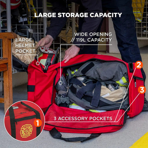 Open Arsenal 5005P Heavy Duty 1000D Polyester Firefighter Rescue Gear Bag showing helmet pocket and accessories inside, 21x15x15 inches.