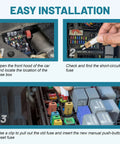Installation steps for No Fuss Road Ready ATM Manual Reset Fuse Kit For Car Truck RV Marine Diagnosis showing fuse box access.