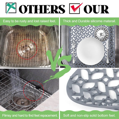 Comparison showing heat resistant silicone sink protector mat with no slip grid design for kitchen sinks, rear drain access