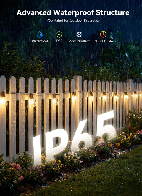 101Ft Outdoor LED String Lights Waterproof With 31 Shatterproof S14 Vintage Edison Bulbs Commercial Grade Exterior Hanging Lights on fence in rain