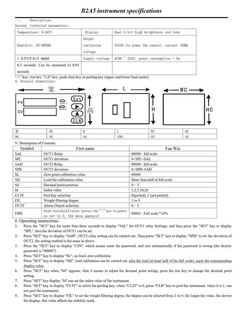 Pro Grade Load Cell Weight Sensor Amplifier With Digital Readout AC 90 To 242V Power Five Digit Display specifications sheet