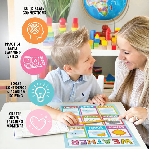 Child and adult using Laminated Preschool Poster Set For Toddlers And Kindergartners with colorful educational designs in classroom.