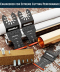 Built Different 3 Piece TiCN Carbide Oscillating Multi Tool Blade Set For Ripping Through Embedded Screws Bolts And Nails Fits Dewalt Milwaukee Makita And Direct Fit Arbors on various materials.