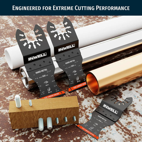 Built Different 3 Piece TiCN Carbide Oscillating Multi Tool Blade Set For Ripping Through Embedded Screws Bolts And Nails Fits Dewalt Milwaukee Makita And Direct Fit Arbors on various materials.