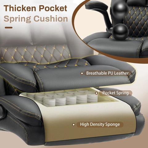 Ergonomic Big And Tall Office Chair With Four Point Massage And Heat 500 Lb Capacity showing thick PU leather cushion