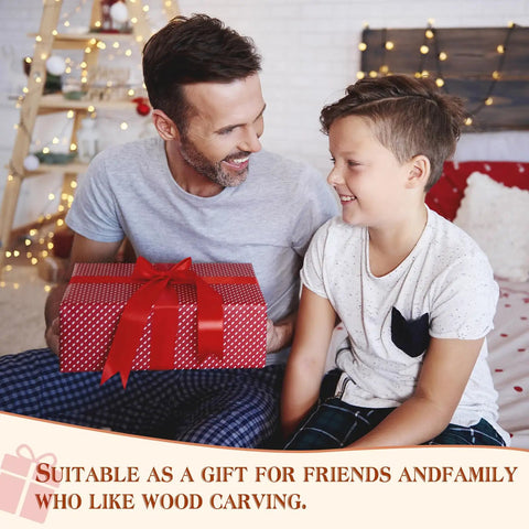 Father and son exchanging gift, related to All In One Wood Carving Kit For Beginners 35 Piece Set With Whittling Knives Carving Chisels.