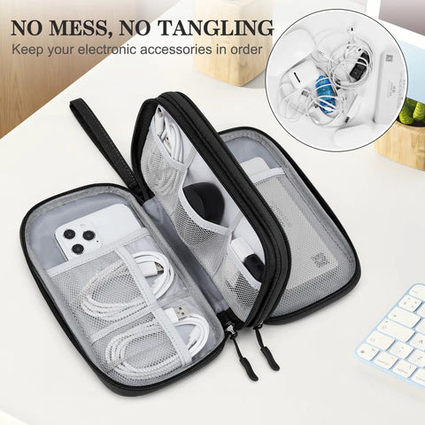 Open Electronic Organizer Travel Case for Cables and Gear, Waterproof Double Layer Pouch showing cables and phone storage.