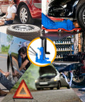 Pro Shop Grade Hydraulic Toe Jack Lift Raising Twenty Ton Top And Ten Ton Toe Loads On Trucks And Travel Trailers With Rock Solid Heat Treated Steel Build And Easy Manual Hand Pump For Zero Sweat Lifting, shown alongside auto repair scenes.
