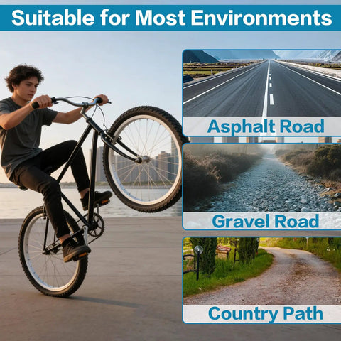 Foldable Bike Tire Set 16/20/24/26x1.75 Inch With 2 Tires, 2 Inner Tubes, Levers, Rim Strips And Repair Kit For MTB And Hybrid Commuter Rides With 32mm Schrader Valve on asphalt, gravel, and country roads.