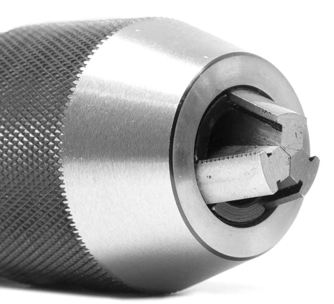 Close-up of Keyless Drill Chuck Five Eighths Inch MT2 Arbor Taper for Drill Press Lathe or Mill showing jaw mechanism.