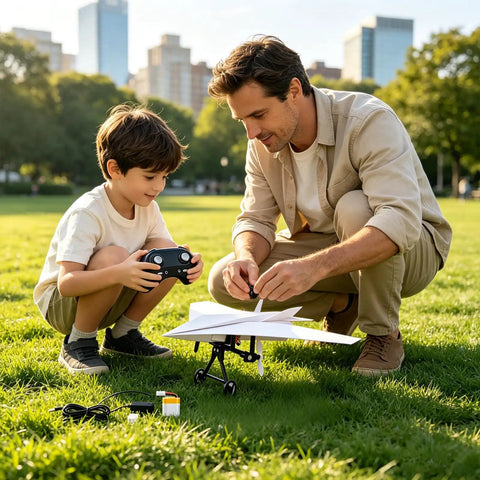 Father and son assembling Electric Remote Control Paper Airplane Kit With Stabilizer And Dual Propellers outdoors