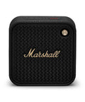 Front view of Willen II Portable Bluetooth Speaker With Rugged Waterproof And Dust Proof Design, black with brass accent.