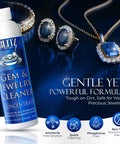 Gem And Jewelry Cleaner Concentrate Refill For Ultrasonic Machines 8oz Safe Non Toxic Formula bottle with blue gemstone necklace and earrings