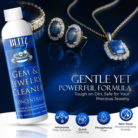 Gem And Jewelry Cleaner Concentrate Refill For Ultrasonic Machines 8oz Safe Non Toxic Formula bottle with blue gemstone necklace and earrings