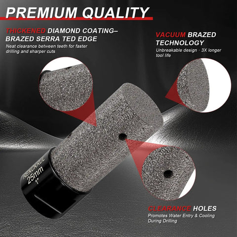 Diamond Chamfer Bit Set For Angle Grinder M14 Thread And Hex Shank Three Piece Two Inch Three Quarter Inch Diamond Finger Milling Bit For Enlarge And Shape Holes In Porcelain Ceramic Granite Marble Tile Dry And Wet Use, close-up of diamond coating and clearance holes.