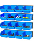 Wall Mounted Storage Bins Kit With 16 Plastic Bins And 4 Rails For Your Garage Tools Keeps Screws Nuts Bolts Nails And Small Hardware Sorted And Easy To Reach Heavy Duty Hanging Organizer System In Bright Blue, showing blue bins filled with hardware.