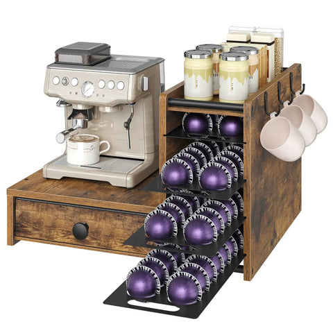 Coffee Pod Drawer Organizer, 4 Tier Holder For Vertuo, 72 Pod Capacity with storage drawer and hooks, rustic brown and black.