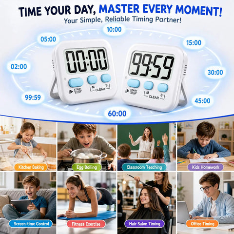 Top Shelf Two Pack Digital Timer With Built In Memory Dead Reliable For Kitchen Cooking Classroom Tasks And Quick Meal Prep Drop In And Play Design Comes Fully Loaded With Batteries Ready To Roll, dual countdown timers shown.