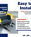 2 Inch Receiver Golf Cart Trailer Hitch For Rear Seat Back Mount Fits Club Car EZGO Yamaha Expands Hauling With Footrest Compatibility Easy Install Beefed Up Rear Accessory For Cart Versatility installation result on yellow golf cart with clear view of hitch connection and road background