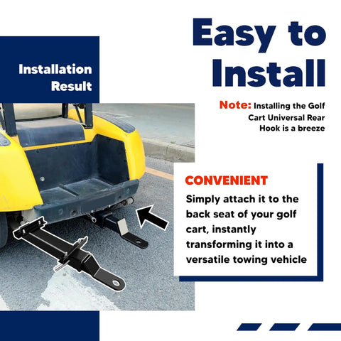 2 Inch Receiver Golf Cart Trailer Hitch For Rear Seat Back Mount Fits Club Car EZGO Yamaha Expands Hauling With Footrest Compatibility Easy Install Beefed Up Rear Accessory For Cart Versatility installation result on yellow golf cart with clear view of hitch connection and road background