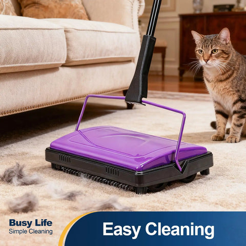 Lightweight Manual Carpet Sweeper And Rug Cleaner Cruises Across Carpets Without Breakin A Sweat Picks Up Pet Hair And Dust Like A Charm For Quick Daily Cleanup Sessions with cat nearby.
