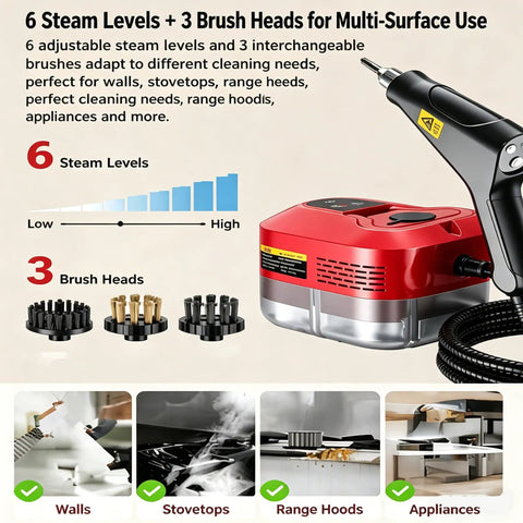 Powerful 2500W Handheld Steam Cleaner With Six Adjustable Settings shown with 3 brush heads, ideal for multi-surface cleaning.