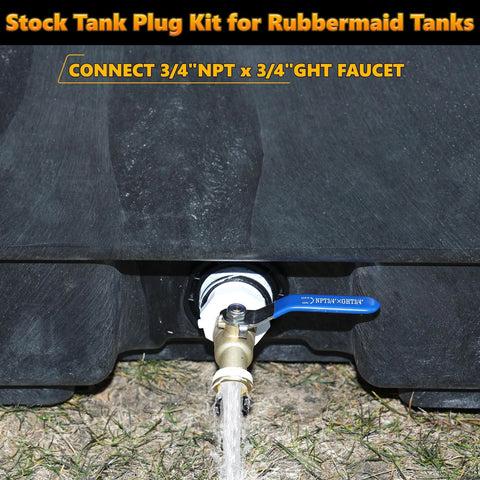 Stock tank drain plug kit with blue faucet handle, brass valve, white connector on Rubbermaid tank.