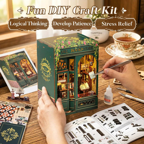 Hands assembling Owl Bookstore Book Nook Kit For Beginners And Teens, 3D Wooden Puzzle, DIY Miniature House for Dollhouse Lovers.