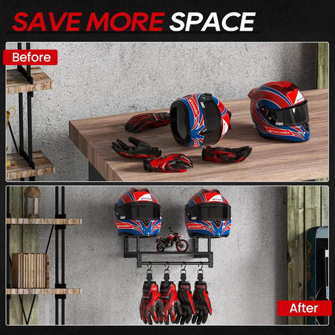 Solid Wood and Metal Motorcycle Helmet Holder Wall Mount with Four Glove Clips, Gear Rack Organizer for entryway in black