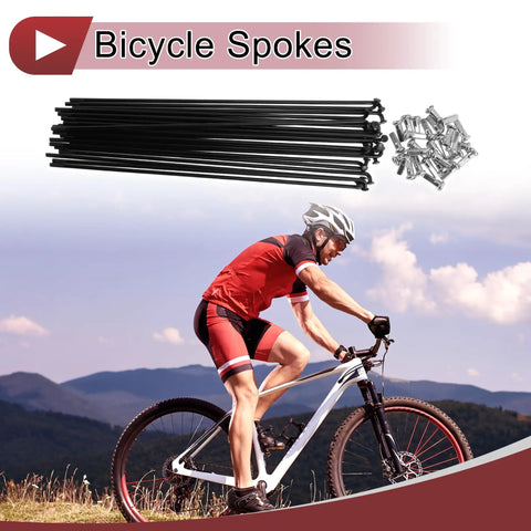 Cyclist on mountain bike with 28 pack 12G bicycle spokes 200mm carbon steel black wheel spokes with nipples for stronger wheels