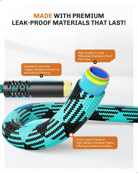 Front view of a 50 ft garden hose with teal/black braided exterior, brass fittings, and a blue 10-function sprayer.