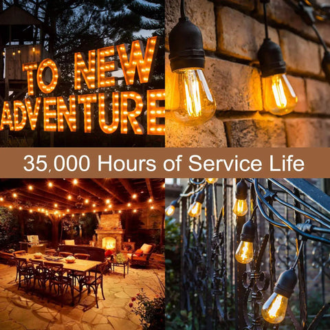 Collage of S14 Outdoor String Light Bulbs Replacement 15 Pack, Retro Warm Amber Glow 2200K LED Edison Bulbs on display