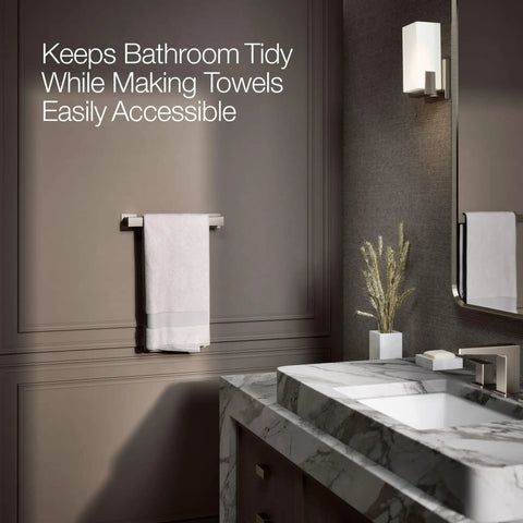 Honesty 12-Inch Towel Bar In Vibrant Brushed Nickel Finish, mounted on bathroom wall with towels, modern accessory in stainless steel