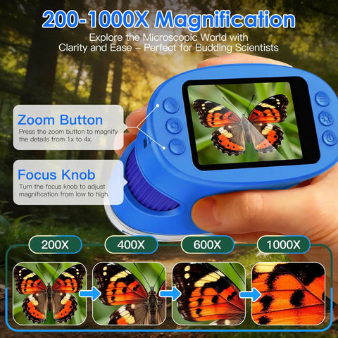 4K 1000X Handheld Digital Microscope For Kids With 2.0 Inch IPS Screen And USB Live Preview Ultra Zoom For Leaves Coins Fabric Insects And Tiny Details Awesome Kid Friendly Hands On Science Toy For Curious Explorers, blue handheld microscope showing butterfly close-up
