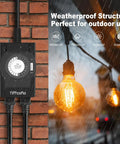 Outdoor Weatherproof Timer Outlet With 24 Hour Mechanical Light Timer installed on brick wall, two grounded outlets, waterproof.
