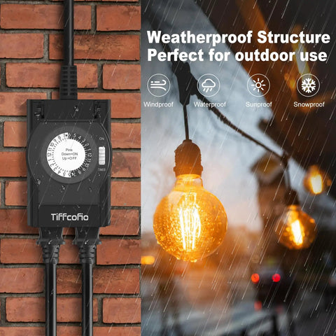 Outdoor Weatherproof Timer Outlet With 24 Hour Mechanical Light Timer installed on brick wall, two grounded outlets, waterproof.