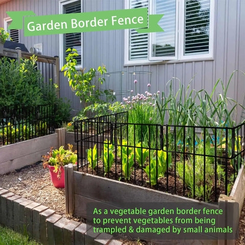 Installed 10 Pack No Dig Animal Barrier Fence For Gardens And Yards Rustproof Metal Bottom Blocker Border Fence Seventeen Inch High And 10Ft Long Decorative Outdoor Fence For Dogs Cats Rabbits Chickens And Other Pets surrounding garden beds.